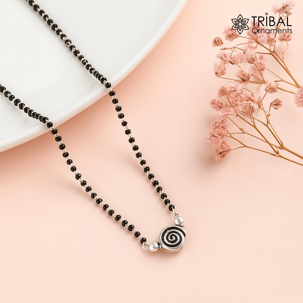 925 sterling silver black beads chain necklace, vintage stylish fancy necklace, traditional style brides Mangalsutra necklace India set217 - TRIBAL ORNAMENTS