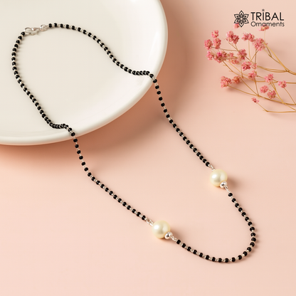 Sterling silver black beads and pearl mangalsutra necklace set for brides, traditional Indian jewelry by TRIBAL ORNAMENTS.