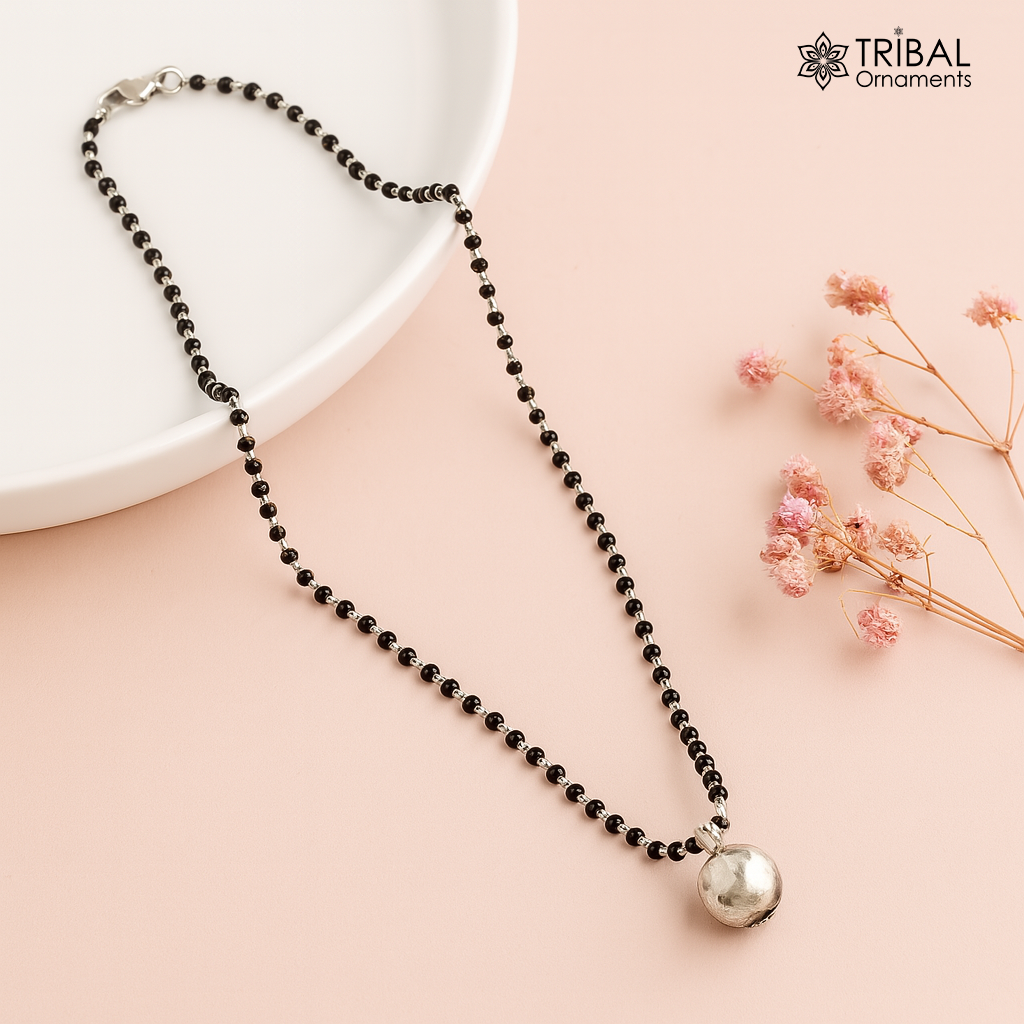 925 sterling silver black beads chain necklace, vintage stylish fancy necklace, traditional style brides Mangalsutra necklace India set219 - TRIBAL ORNAMENTS