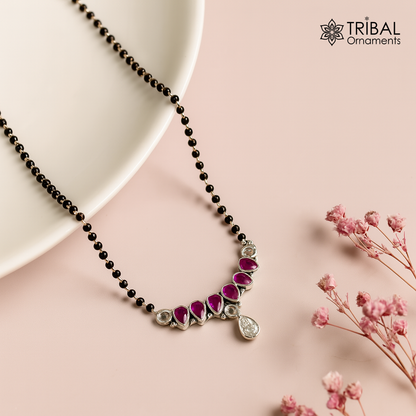 925 sterling silver black beads mangalsutra necklace with pink stone and floral pendant, traditional tribal jewelry design