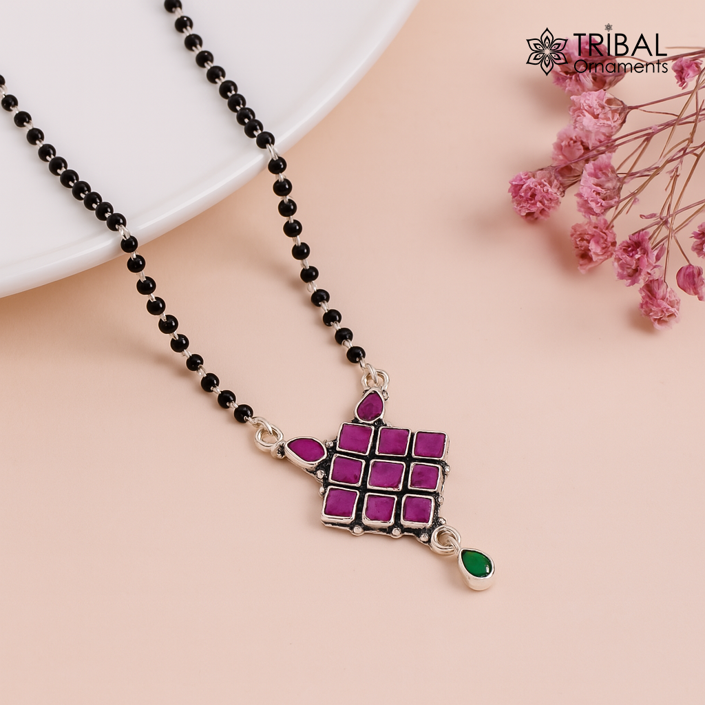 925 sterling silver black beads chain Trendy necklace, gorgeous multicolor stone pendant, traditional style brides Mangalsutra necklace MS05 - TRIBAL ORNAMENTS