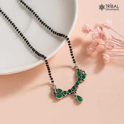 925 sterling silver Mangalsutra necklace with black bead chain and green stone, traditional tribal ornament jewelry for special occasions
