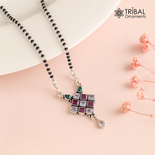 925 sterling silver black beads mangal sutra chain necklace, Simple delicate pendant, traditional brides Mangalsutra chunky necklace ms11 - TRIBAL ORNAMENTS