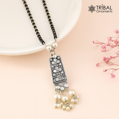 925 sterling silver floral beaded chain necklace with pearl pendant, tribal-inspired jewelry perfect for gifting.