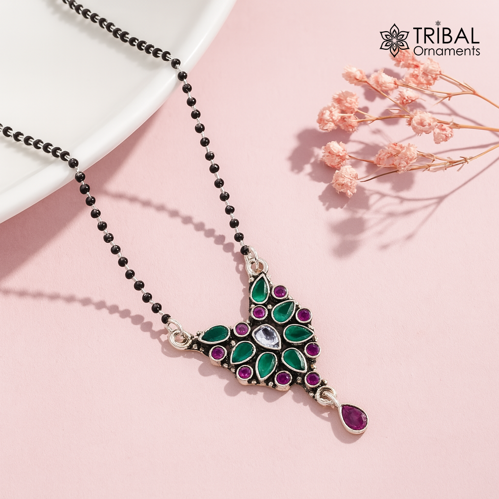 925 sterling silver handmade delicate black beaded chain and fabulous cut stone pendant, amazing brides mangalsutra necklace from india ms45 - TRIBAL ORNAMENTS