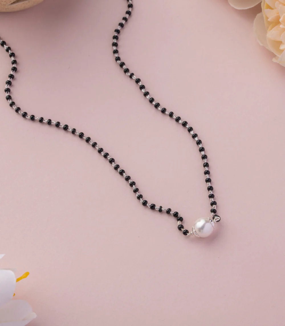 925 sterling silver pearl beaded and black beaded chain necklace and vintage antique ball style pendant Mangalsutra ms134 - TRIBAL ORNAMENTS