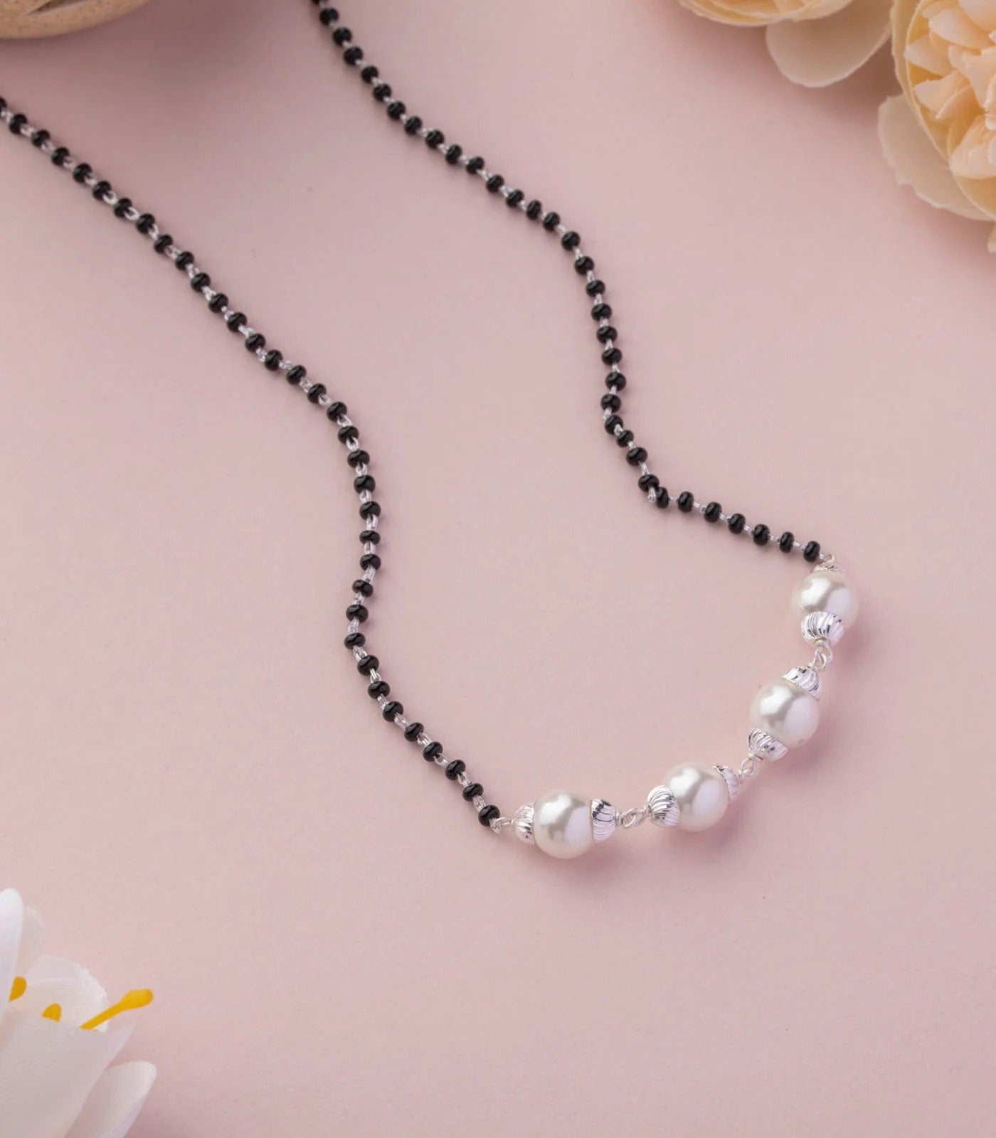 925 sterling silver pearl beaded and black beaded chain necklace and vintage antique ball style pendant Mangalsutra ms136 - TRIBAL ORNAMENTS