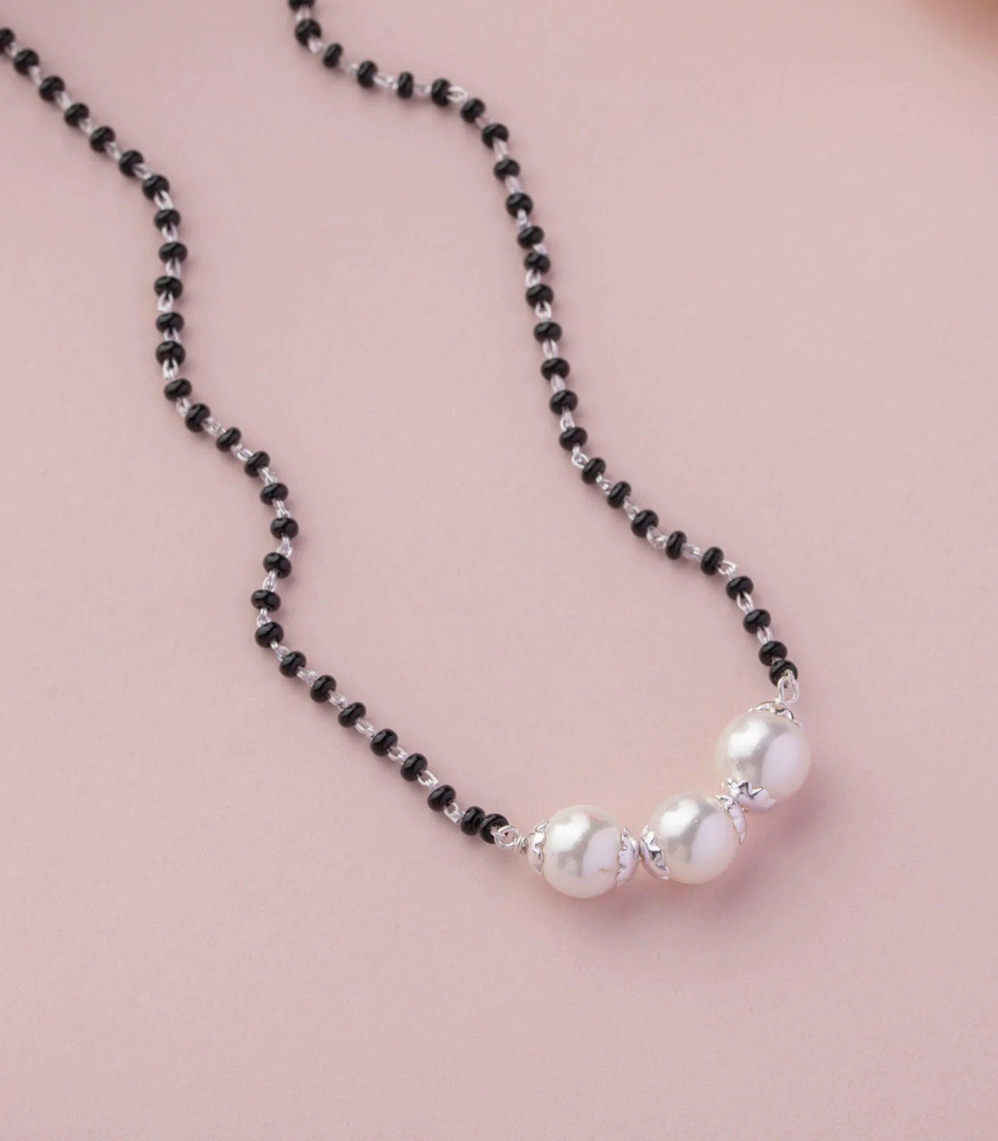 925 sterling silver pearl beaded and black beaded chain necklace and vintage antique ball style pendant Mangalsutra ms139 - TRIBAL ORNAMENTS