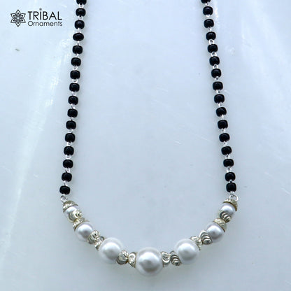 925 sterling silver Mangalsutra with pearl and black beaded chain featuring vintage-style pendant by TRIBAL ORNAMENTS