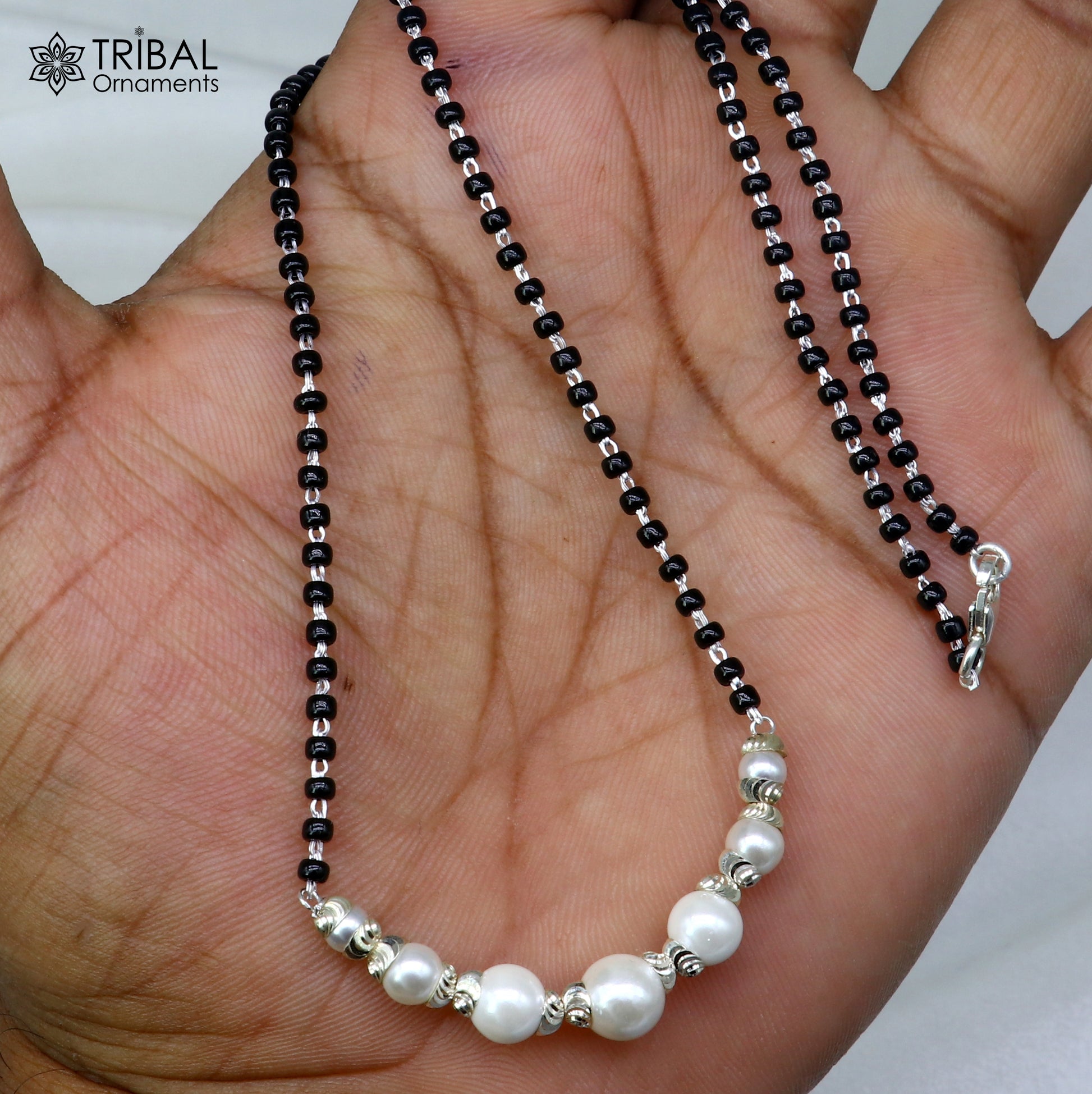 925 sterling silver pearl beaded and black beaded chain necklace and vintage antique ball style pendant Mangalsutra ms141 - TRIBAL ORNAMENTS