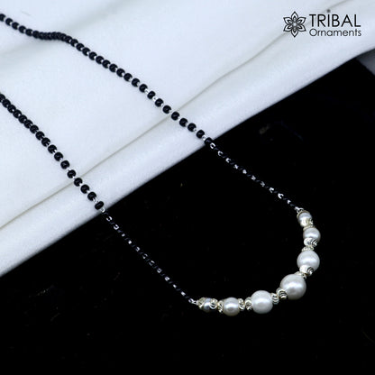 925 sterling silver Mangalsutra with pearl and black beaded chain, vintage pendant, by TRIBAL ORNAMENTS.