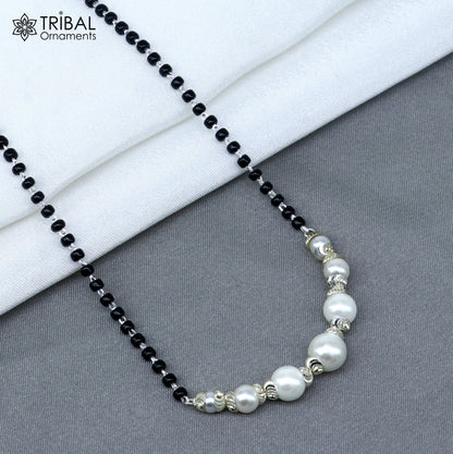 925 sterling silver Mangalsutra with pearl and black beaded chain and vintage ball pendant by TRIBAL ORNAMENTS