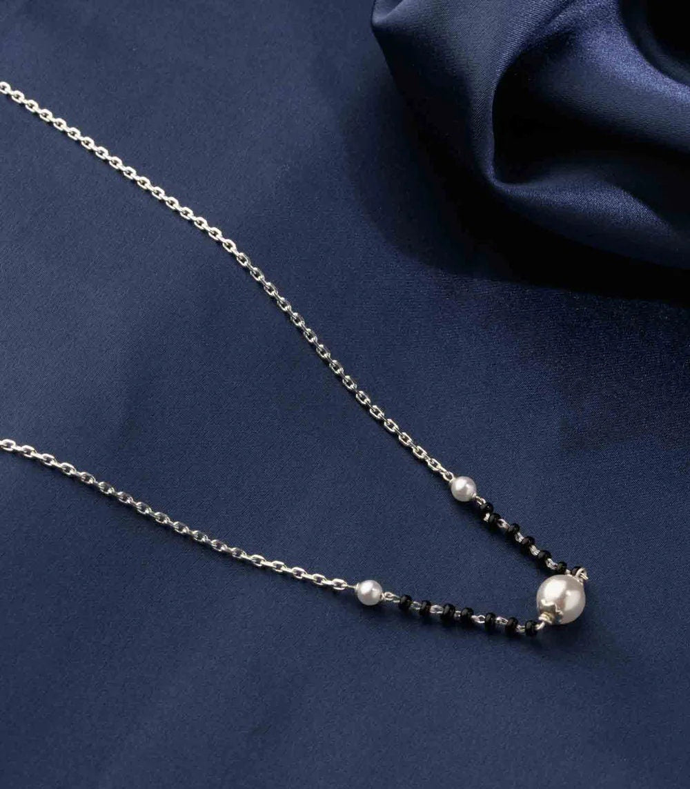 925 sterling silver pearl beaded chain necklace and vintage antique silver ball style pendant Mangalsutra ms125 - TRIBAL ORNAMENTS
