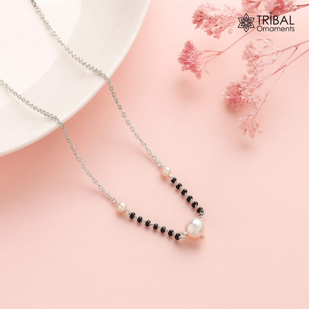 925 sterling silver pearl beaded chain necklace and vintage antique silver ball style pendant Mangalsutra ms125 - TRIBAL ORNAMENTS