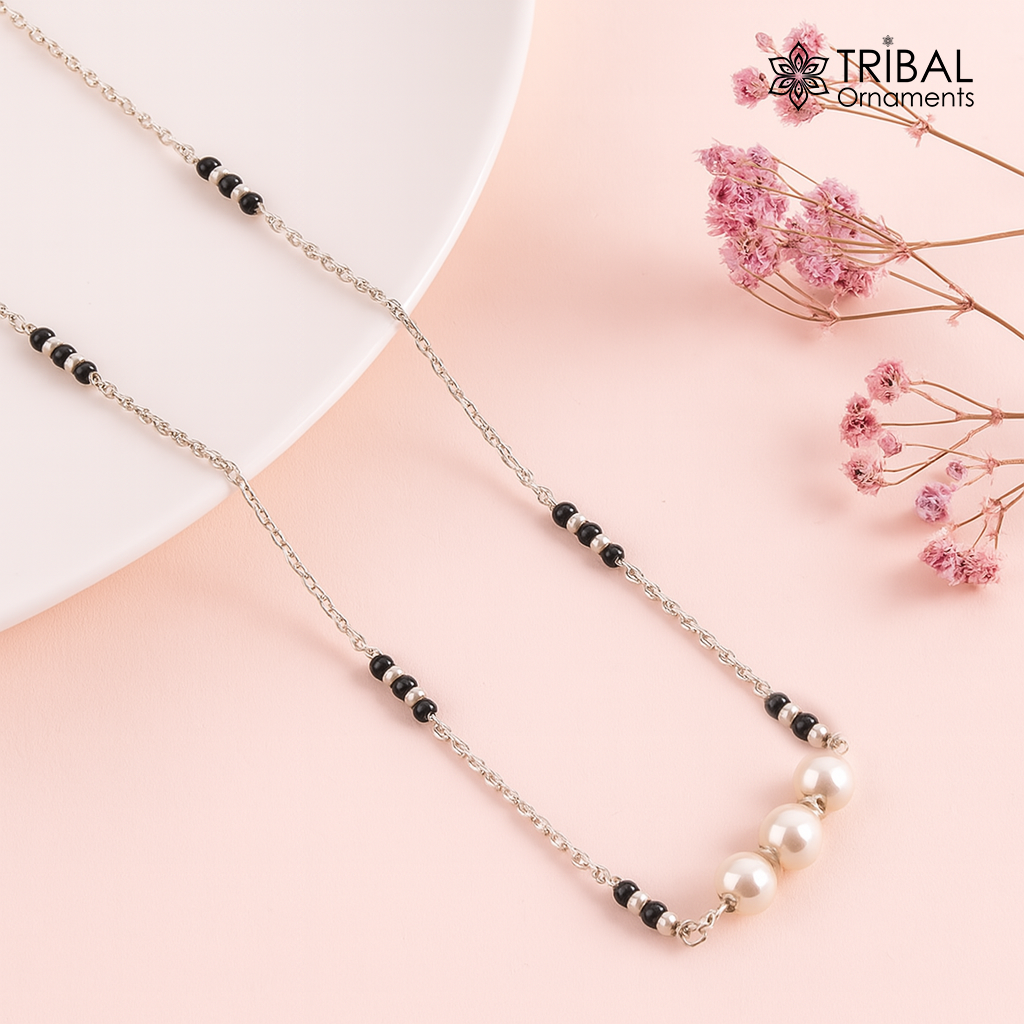 925 sterling silver pearl beaded chain necklace and vintage antique silver ball style pendant Mangalsutra ms127 - TRIBAL ORNAMENTS
