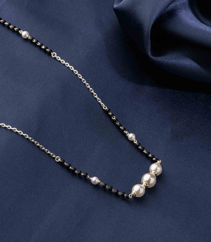 Sterling silver pearl beaded chain necklace with vintage-style silver pendant, Mangalsutra design by TRIBAL ORNAMENTS
