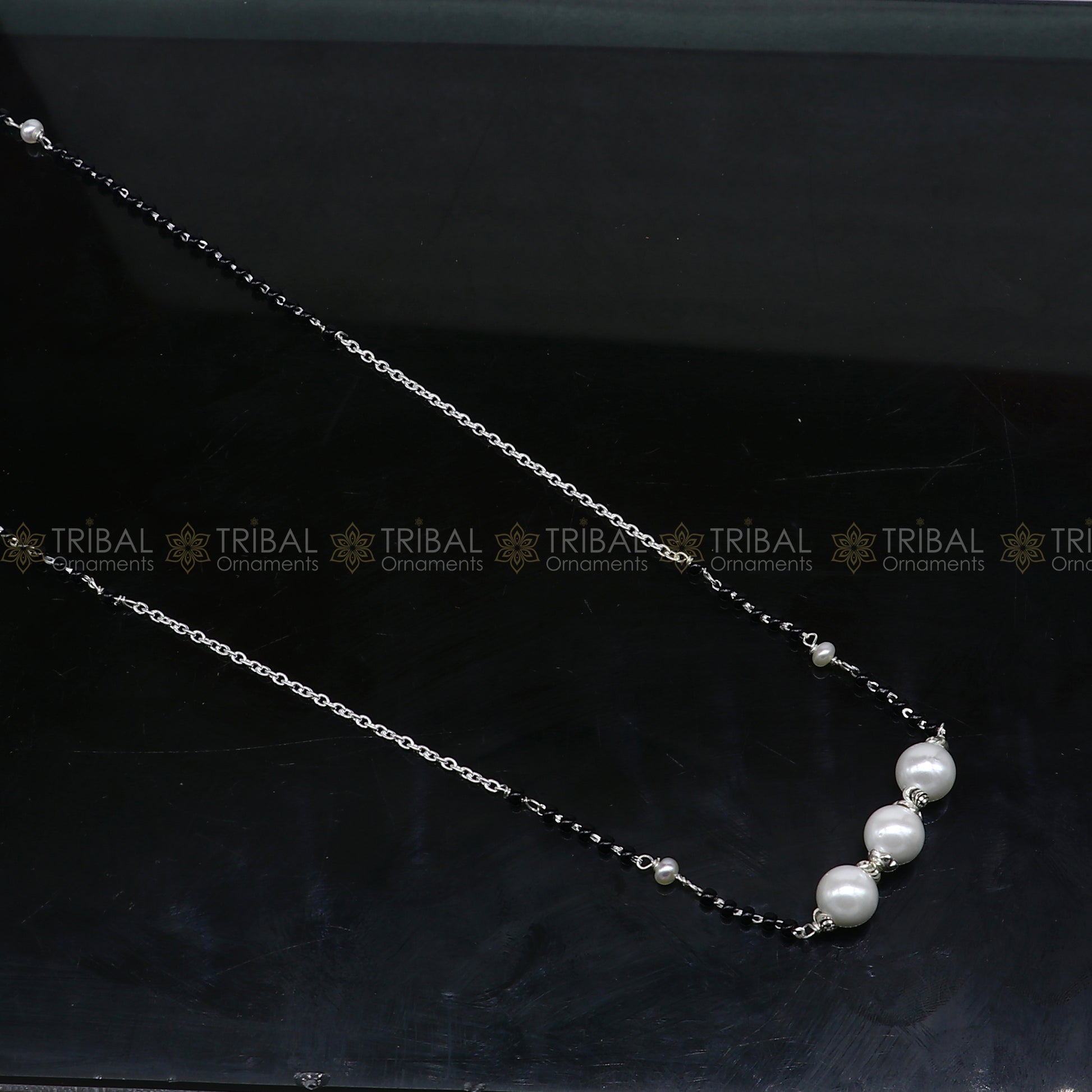 925 sterling silver pearl beaded chain necklace and vintage antique silver ball style pendant Mangalsutra ms128 - TRIBAL ORNAMENTS
