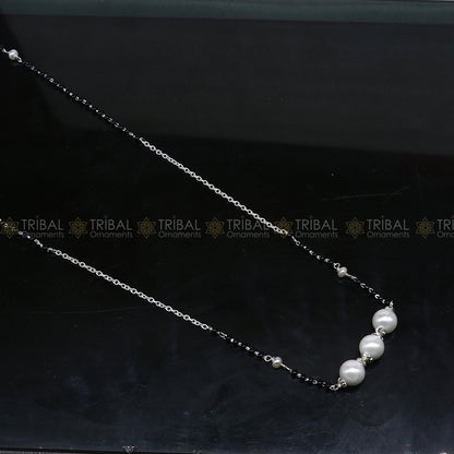 925 sterling silver pearl beaded chain necklace with vintage silver ball pendant, featuring traditional Mangalsutra design by TRIBAL ORNAMENTS