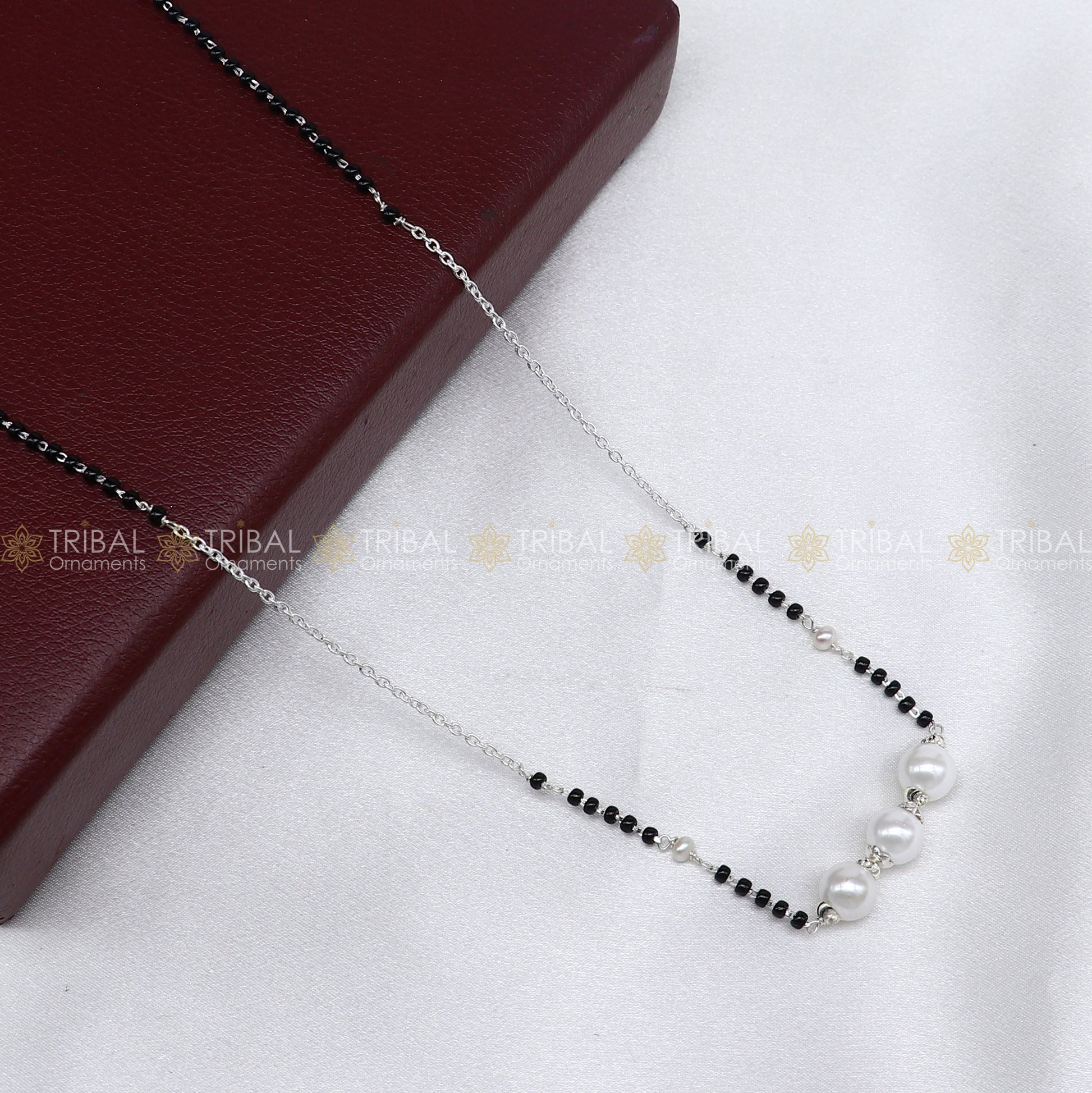 925 sterling silver pearl beaded chain necklace and vintage antique silver ball style pendant Mangalsutra ms128 - TRIBAL ORNAMENTS