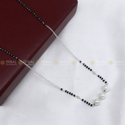 925 sterling silver pearl beaded chain necklace with vintage silver ball pendant, traditional Mangalsutra style by TRIBAL ORNAMENTS
