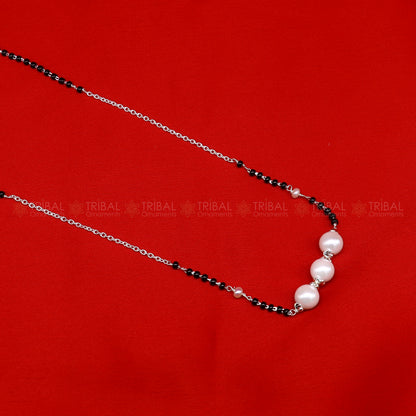 Sterling silver pearl beaded chain necklace with vintage silver ball pendant, traditional Mangalsutra design by TRIBAL ORNAMENTS