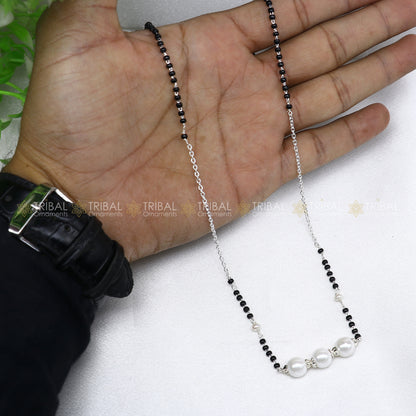 925 sterling silver pearl beaded chain necklace with vintage silver ball pendant, traditional Mangalsutra style by TRIBAL ORNAMENTS