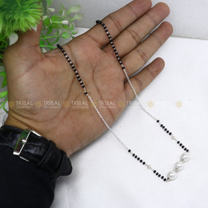 925 sterling silver pearl beaded chain necklace with vintage silver ball pendant, traditional Mangalsutra design by TRIBAL ORNAMENTS