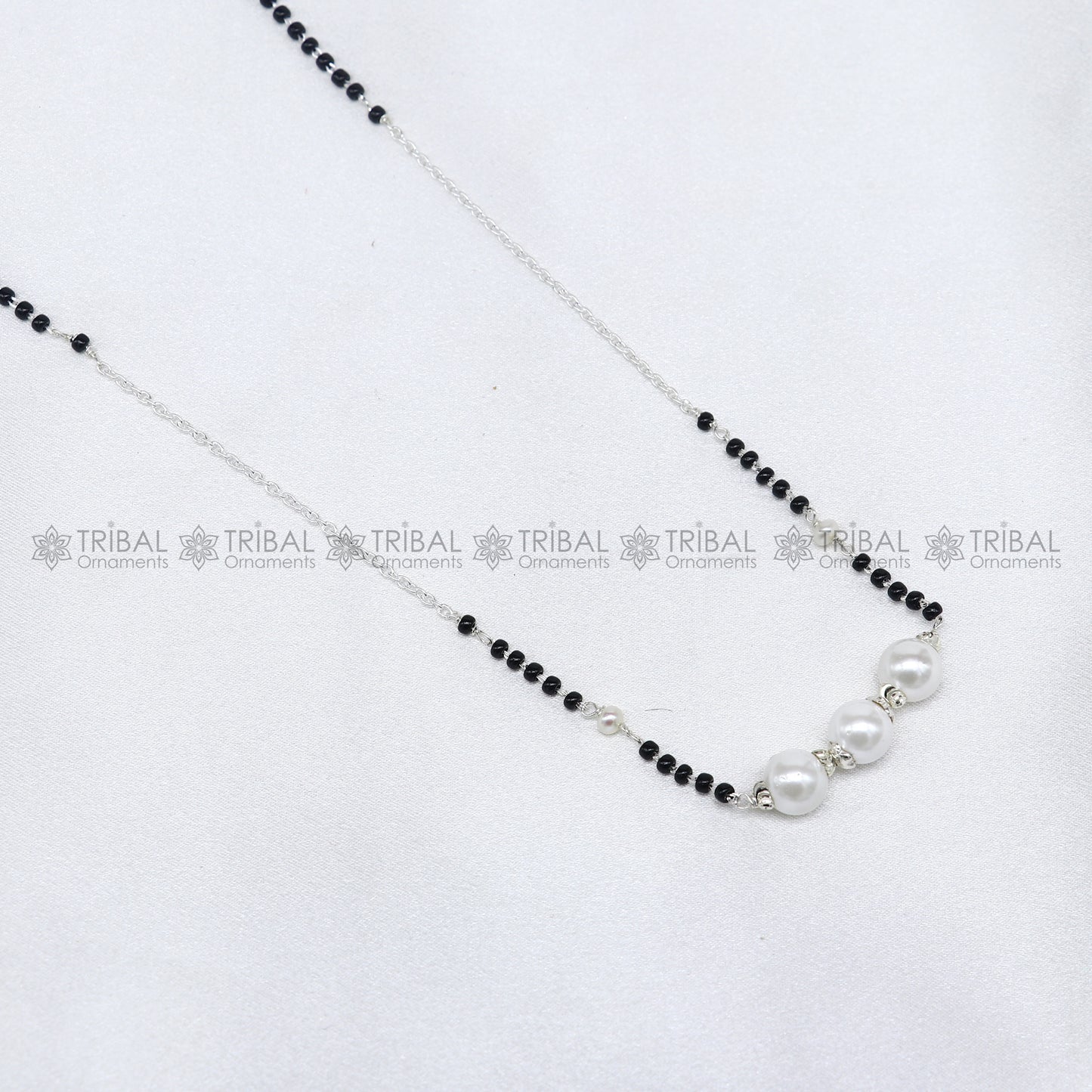 925 sterling silver pearl beaded chain necklace and vintage antique silver ball style pendant Mangalsutra ms128 - TRIBAL ORNAMENTS