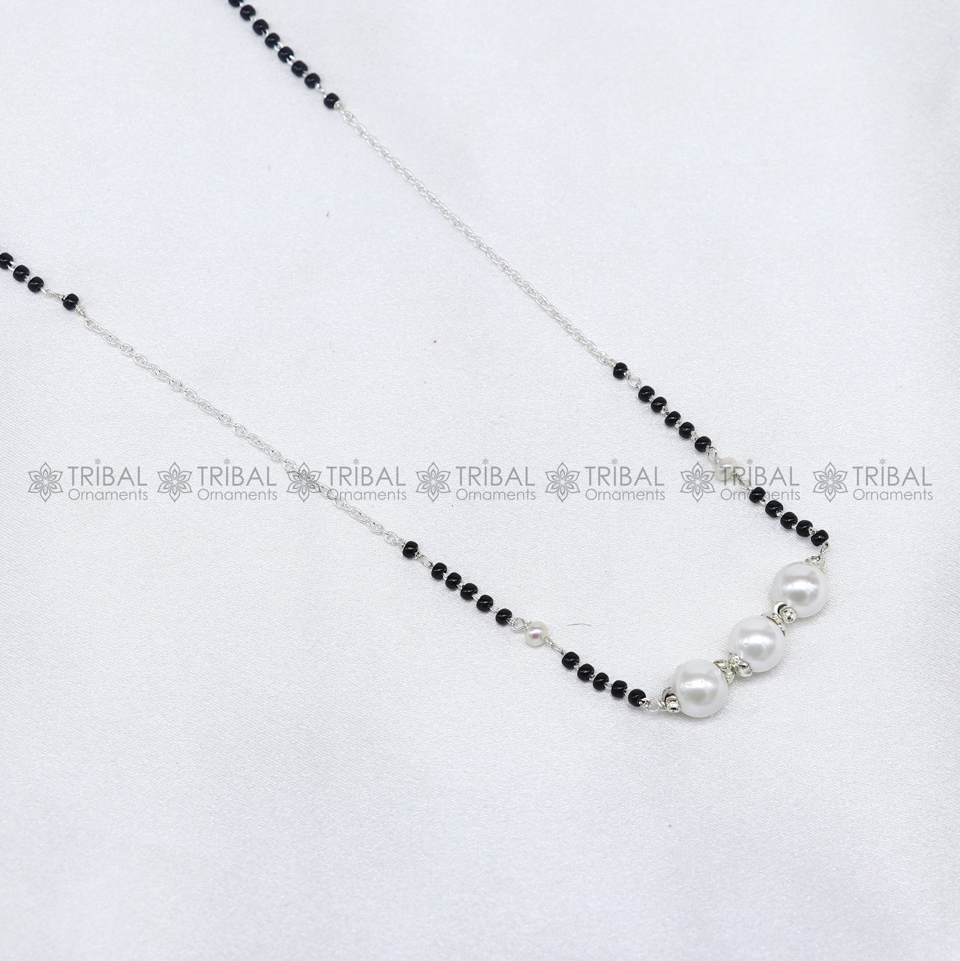 925 sterling silver pearl beaded chain necklace and vintage antique silver ball style pendant Mangalsutra ms128 - TRIBAL ORNAMENTS