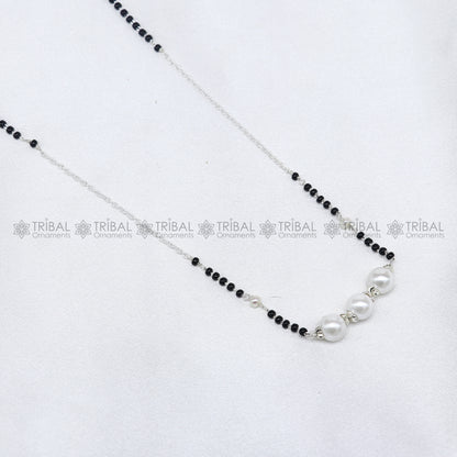 Sterling silver pearl beaded chain necklace with vintage silver ball pendant, traditional Mangalsutra style by TRIBAL ORNAMENTS.