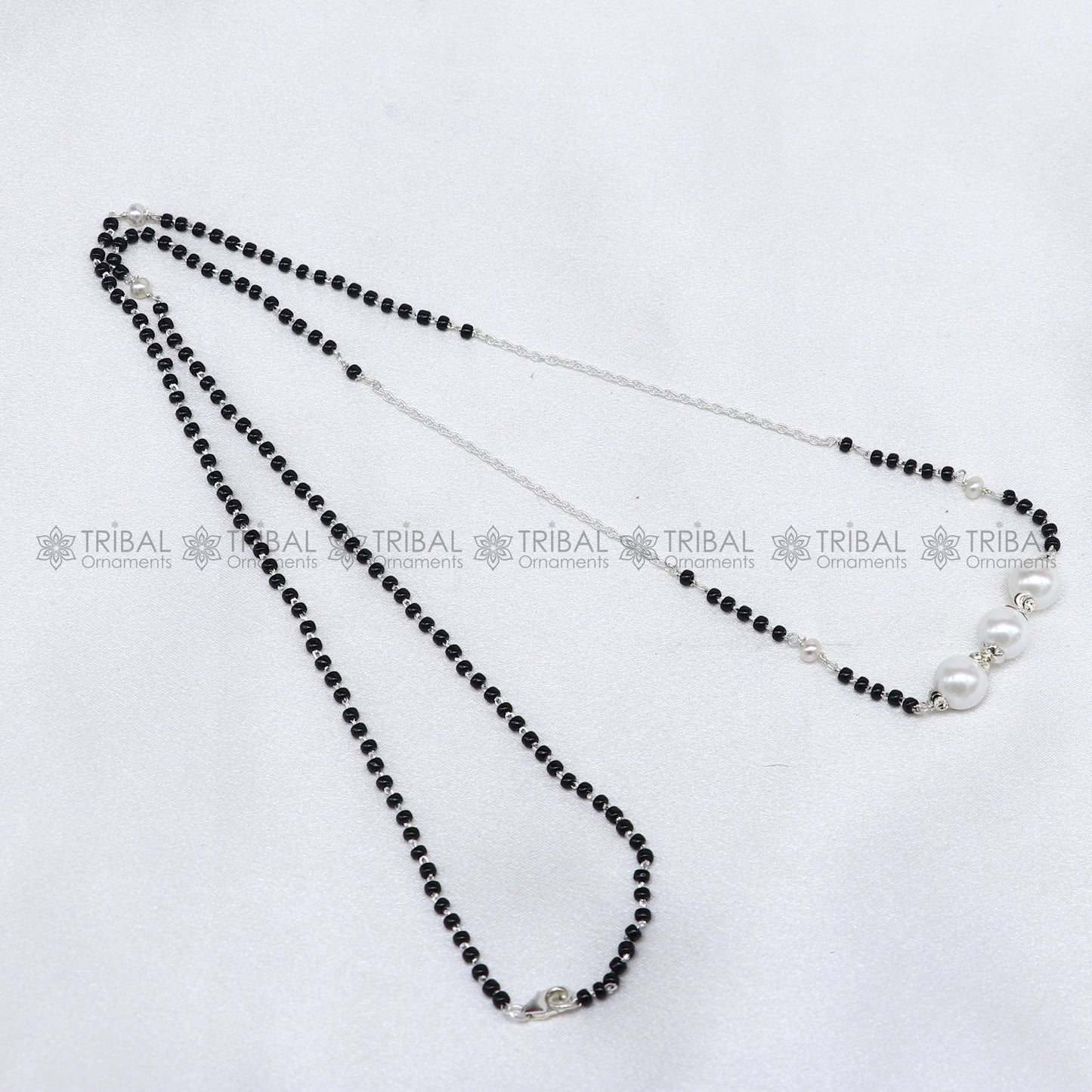 925 sterling silver pearl beaded chain necklace and vintage antique silver ball style pendant Mangalsutra ms128 - TRIBAL ORNAMENTS