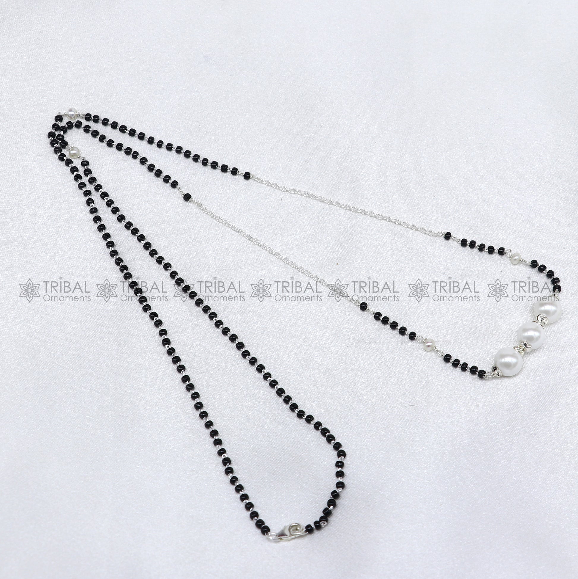 925 sterling silver pearl beaded chain necklace and vintage antique silver ball style pendant Mangalsutra ms128 - TRIBAL ORNAMENTS