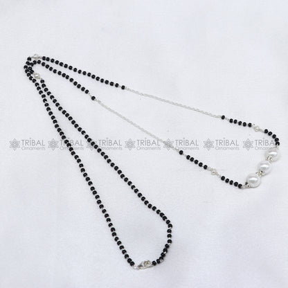 Sterling silver pearl beaded chain necklace with vintage-style silver pendant, traditional Mangalsutra design by TRIBAL ORNAMENTS