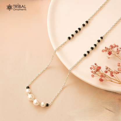 925 sterling silver pearl beaded chain necklace with vintage silver ball pendant, traditional Mangalsutra style from TRIBAL ORNAMENTS