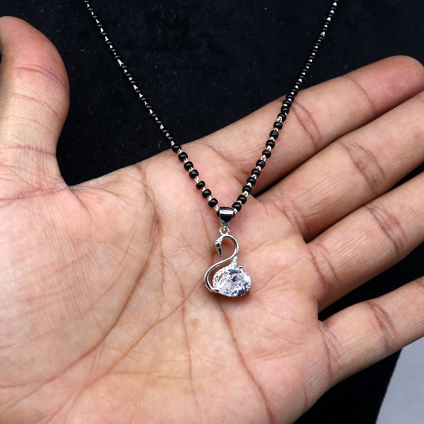 925 sterling silver Swan diamond Mangalsutra pendant, best women's girl's gifting jewelry ms77 - TRIBAL ORNAMENTS