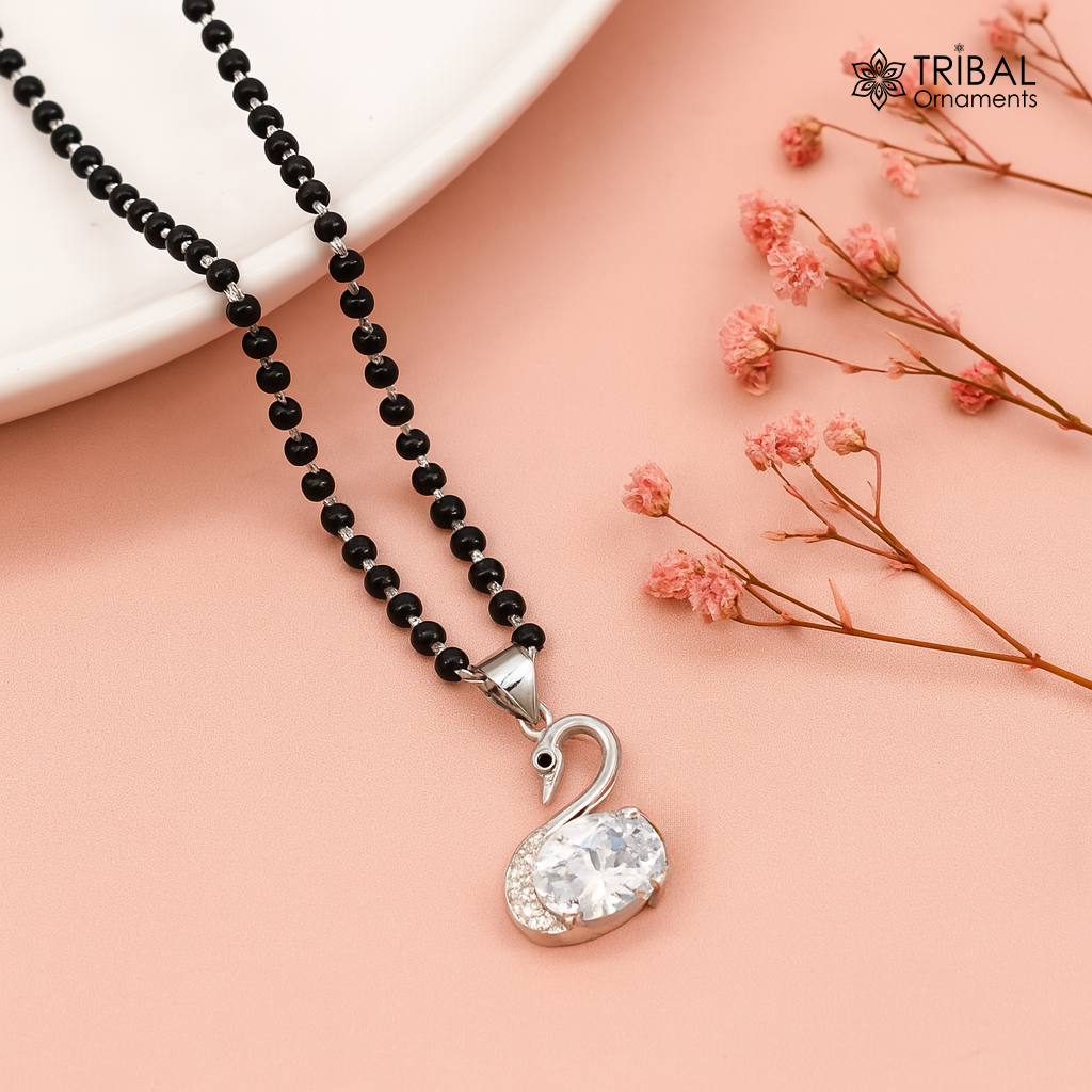 925 sterling silver Swan diamond Mangalsutra pendant, best women's girl's gifting jewelry ms77 - TRIBAL ORNAMENTS