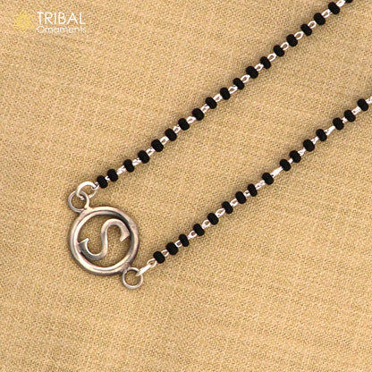 925 sterling silver black beads chain with letter pendant and locket, customized necklace set for brides by Tribal Ornaments