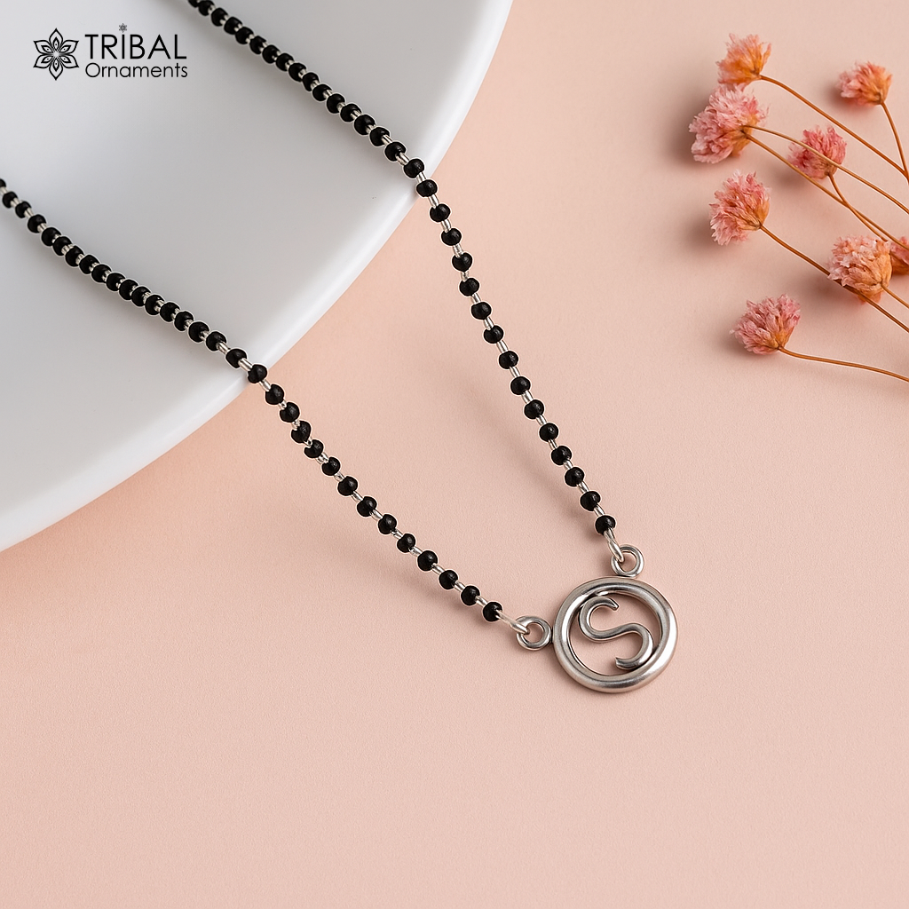 925 sterling silver black beads chain necklace, gorgeous letter pendant locket excellent customized necklace set for brides nec160 - TRIBAL ORNAMENTS