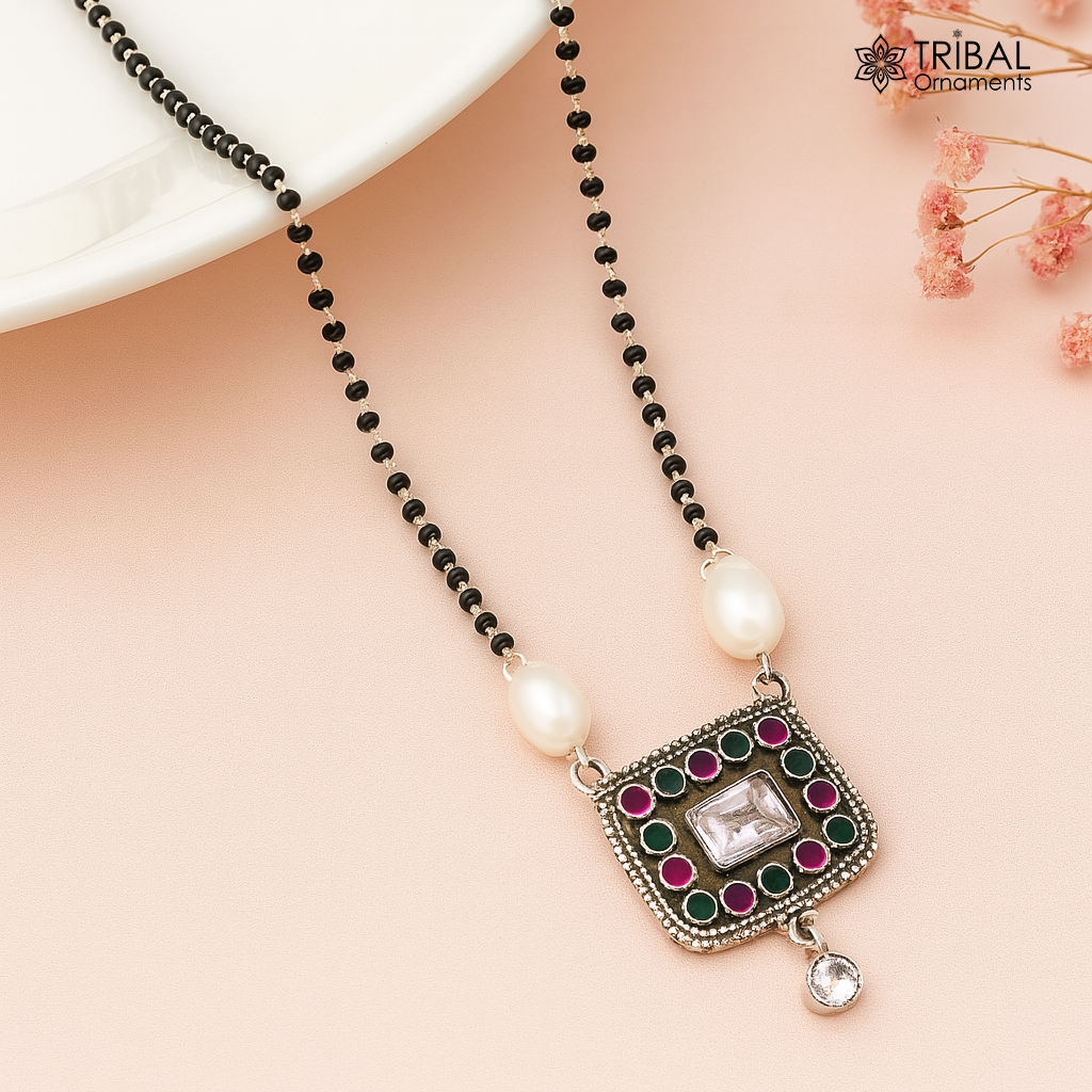 Awesome 2.2mm small black beaded 925 sterling silver cut stone mangalsutra pendant, best wedding anniversary, girl's gifting jewelry nec352 - TRIBAL ORNAMENTS