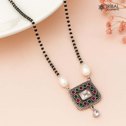 Awesome 2.2mm small black beaded 925 sterling silver cut stone mangalsutra pendant, best wedding anniversary, girl's gifting jewelry nec352 - TRIBAL ORNAMENTS