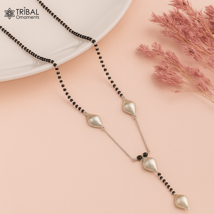 Sterling silver black beaded Mangalsutra necklace with vintage ball pendant, crafted by TRIBAL ORNAMENTS.