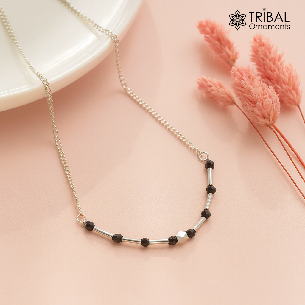 Pure 925 sterling silver black beaded chain necklace and vintage antique silver ball style pendant Mangalsutra ms119 - TRIBAL ORNAMENTS