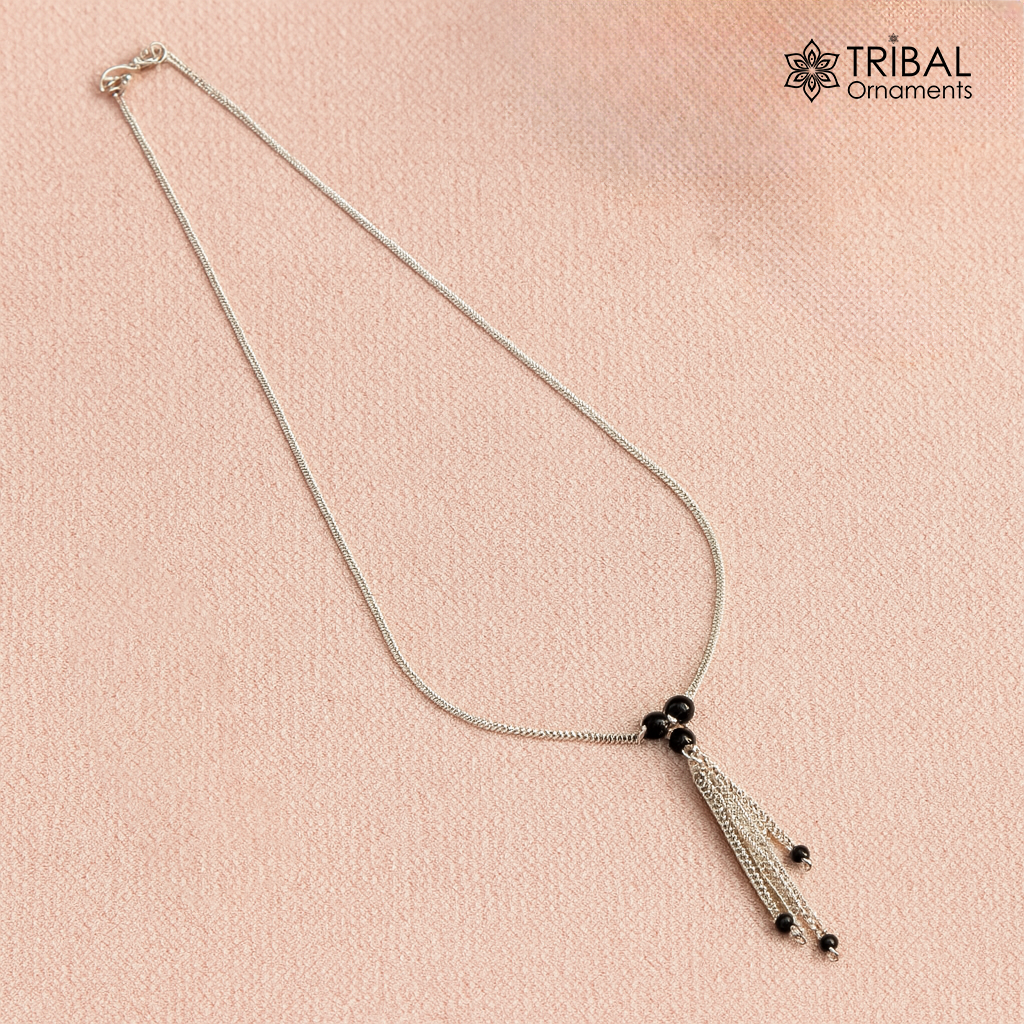 Pure 925 sterling silver black beaded chain necklace, vintage antique ball style pendant Mangalsutra ms113 - TRIBAL ORNAMENTS