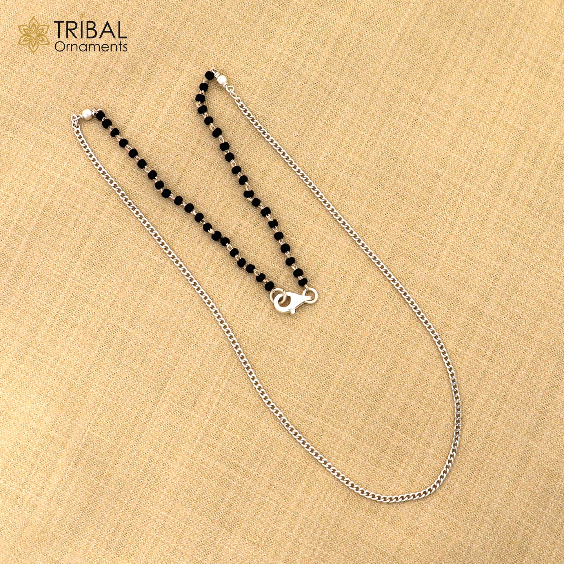 Pure 925 sterling silver black beads with Cuban chain necklace, traditional style brides Mangalsutra style chain necklace set446 - TRIBAL ORNAMENTS
