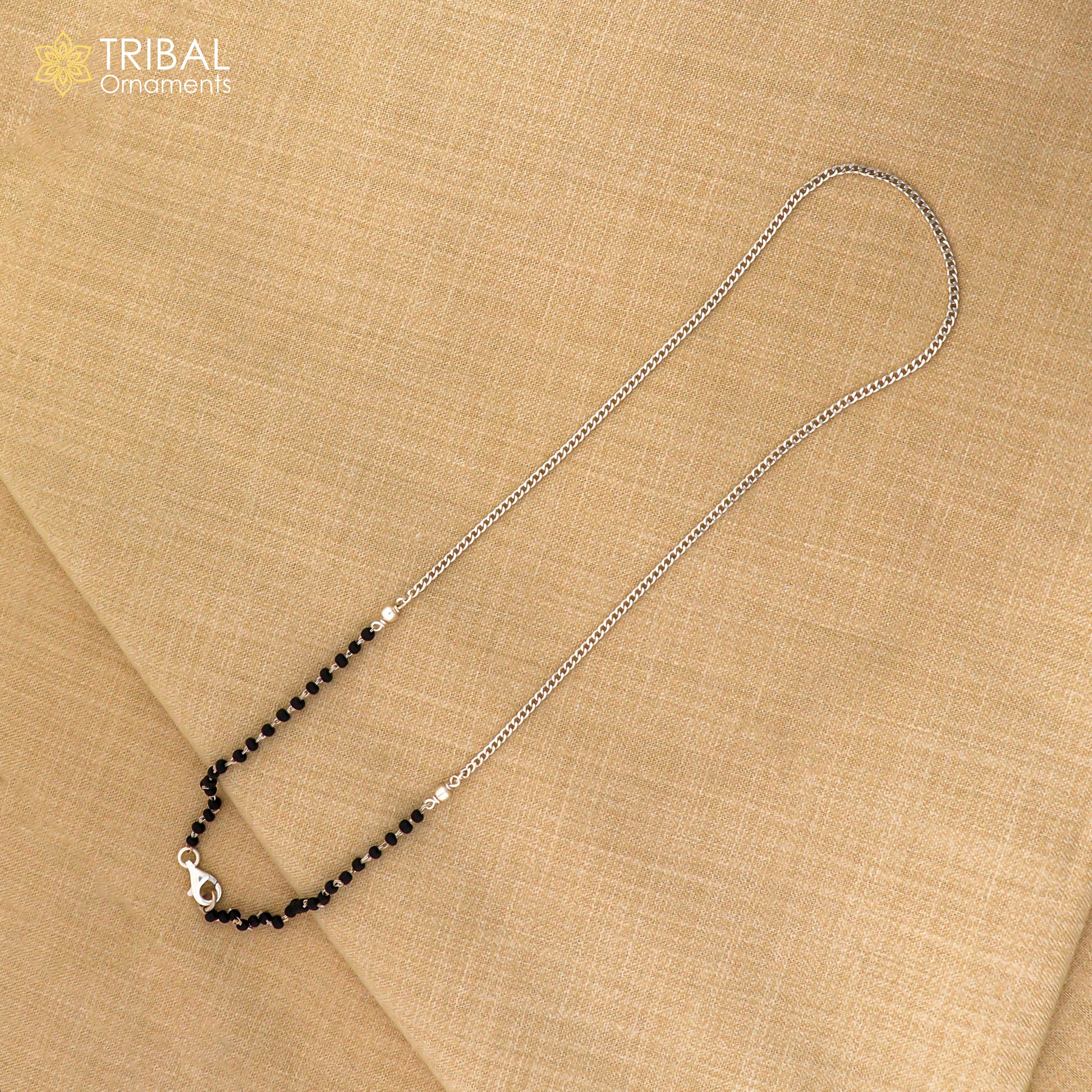 Pure 925 sterling silver black beads with Cuban chain necklace, traditional style brides Mangalsutra style chain necklace set446 - TRIBAL ORNAMENTS