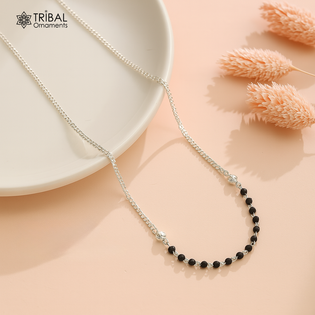 Pure 925 sterling silver black beads with Cuban chain necklace, traditional style brides Mangalsutra style chain necklace set447 - TRIBAL ORNAMENTS