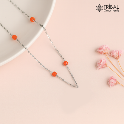 Pure 925 sterling silver chain necklace with vintage-style silver ball pendant, Mangalsutra MS123 by TRIBAL ORNAMENTS.