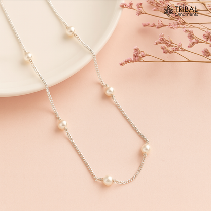 Pure 925 sterling silver pearl beads chain necklace in vintage mangalsutra style with intricate design by TRIBAL ORNAMENTS