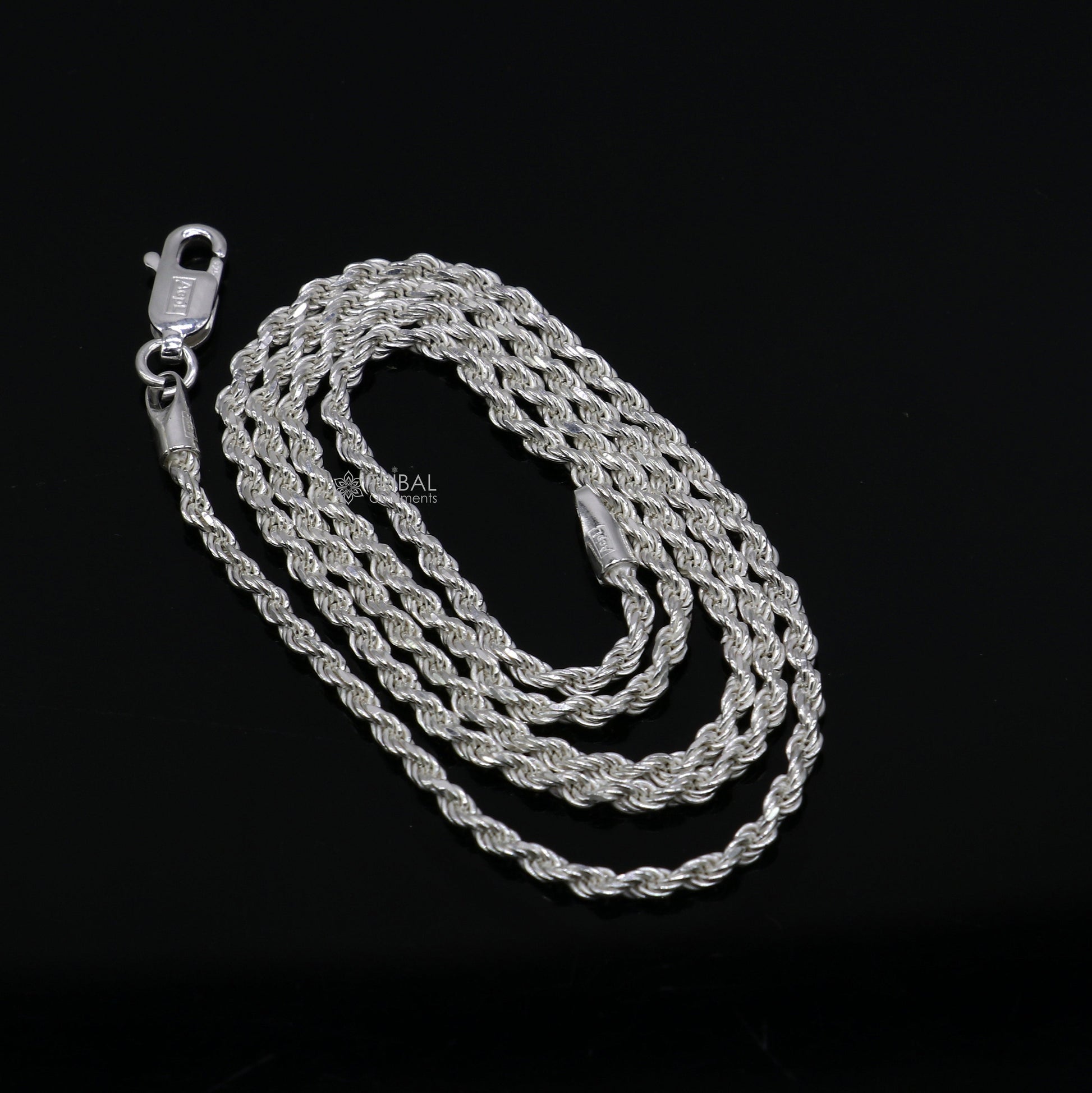 Heavy 1.5mm 925 sterling silver rope chain necklace with a bright, plain silver finish, unisex trendy jewelry by Tribal Ornaments.