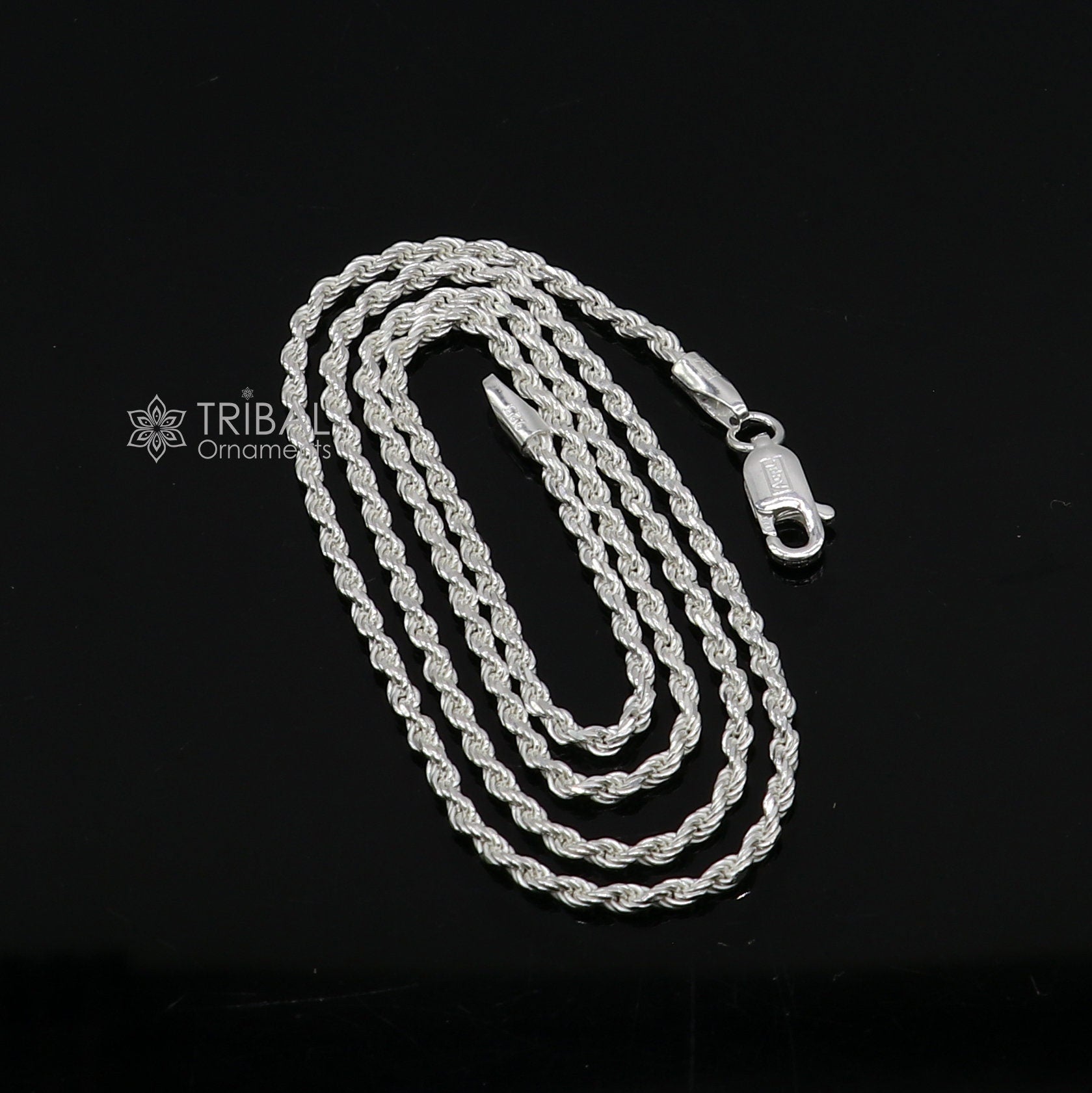 Heavy 1.5mm 925 sterling silver rope chain necklace, unisex trendy silver jewelry with a bright, handmade finish.